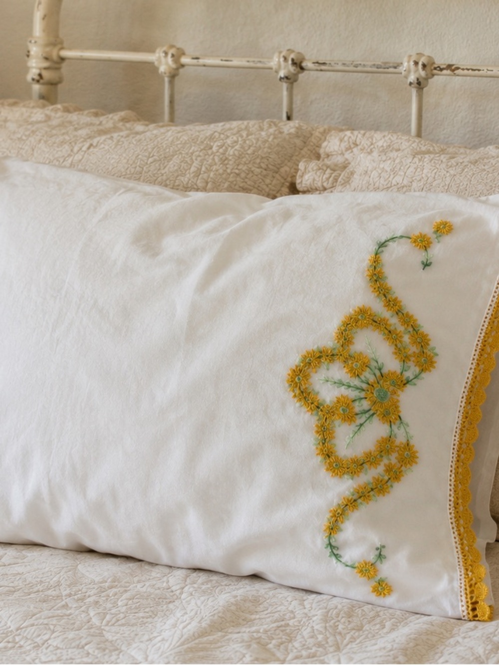 Vintage Standard Pillowcase Yellow Embroidered Flowers Cottagecore Floral Linens